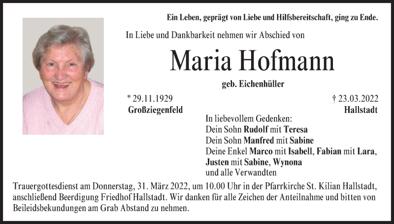  Traueranzeige für Maria Hofmann vom 26.03.2022 aus MGO
