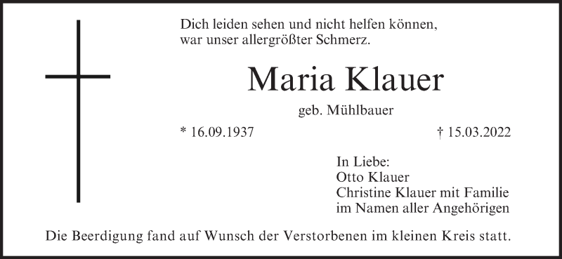  Traueranzeige für Maria Klauer vom 26.03.2022 aus MGO