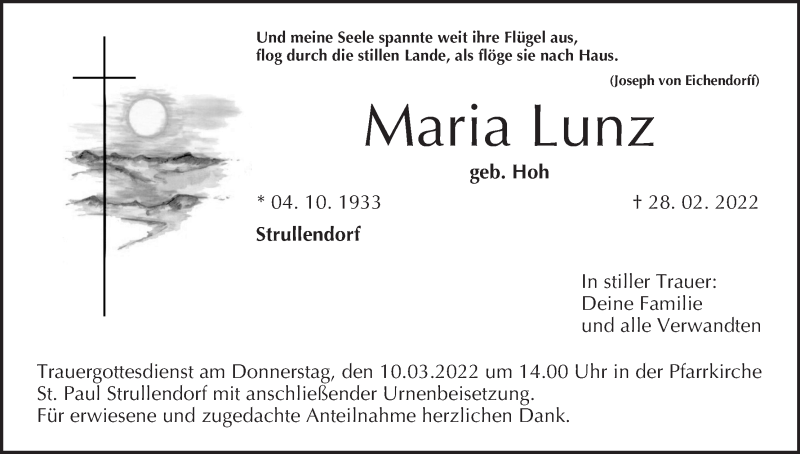  Traueranzeige für Maria Lunz vom 05.03.2022 aus MGO