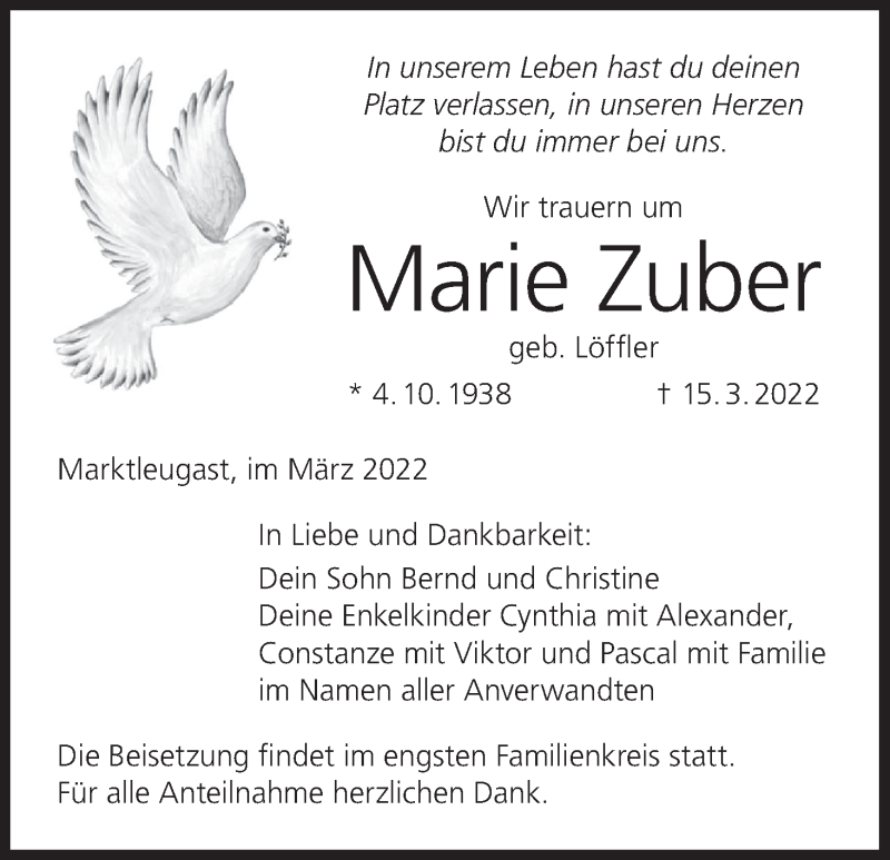  Traueranzeige für Marie Zuber vom 19.03.2022 aus MGO