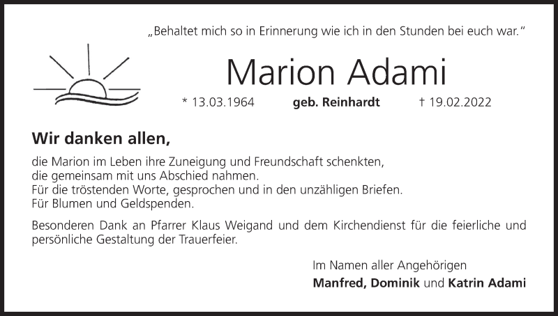  Traueranzeige für Marion Adami vom 26.03.2022 aus MGO