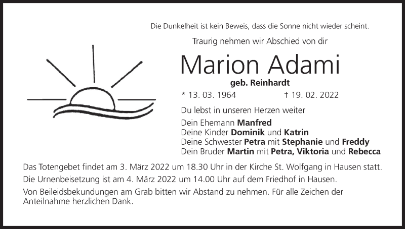 Traueranzeige für Marion Adami vom 02.03.2022 aus MGO