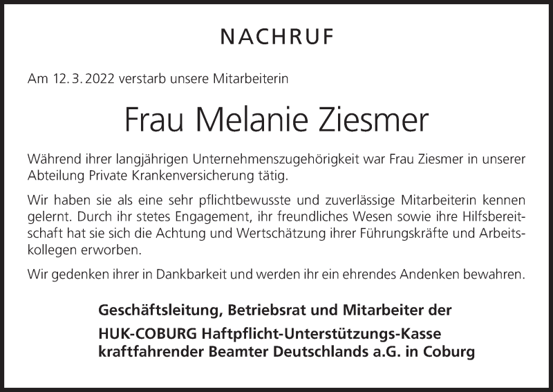  Traueranzeige für Melanie Ziesmer vom 23.03.2022 aus MGO