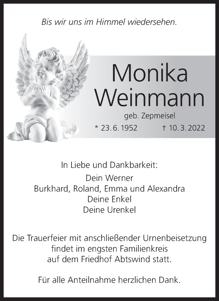  Traueranzeige für Monika Weinmann vom 23.03.2022 aus MGO