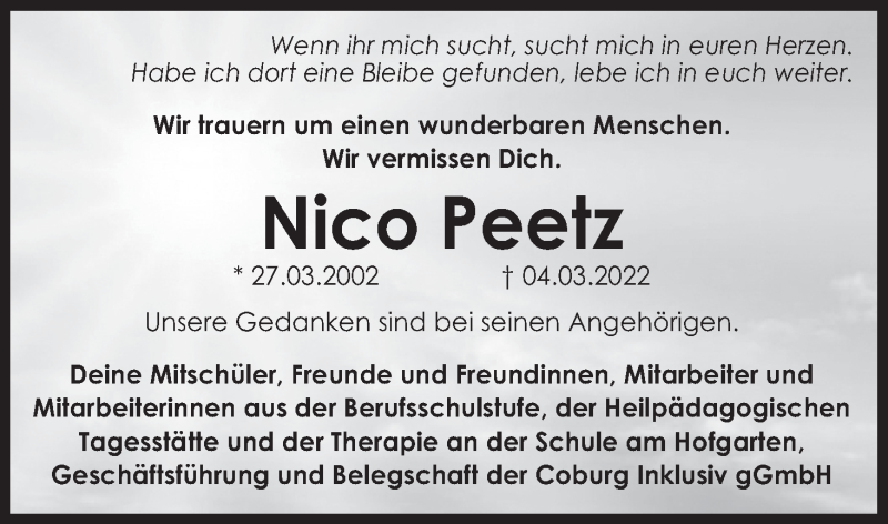  Traueranzeige für Nico Peetz vom 18.03.2022 aus MGO