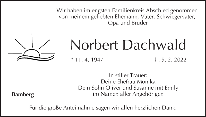  Traueranzeige für Norbert Dachwald vom 12.03.2022 aus MGO