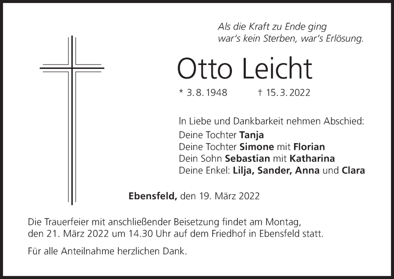  Traueranzeige für Otto Leicht vom 19.03.2022 aus MGO