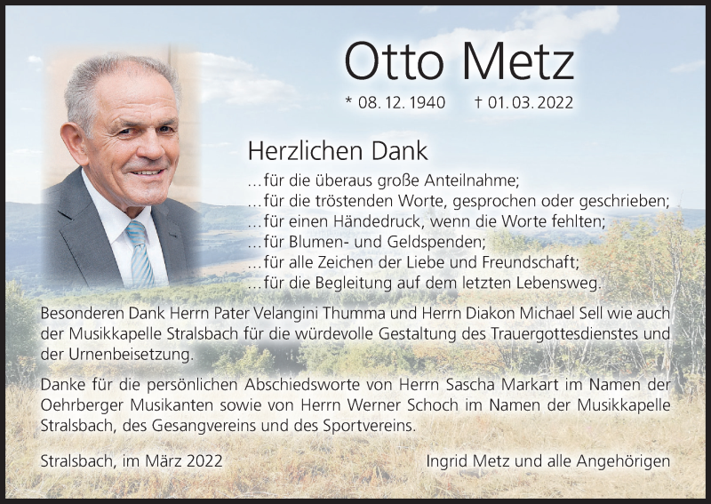  Traueranzeige für Otto Metz vom 19.03.2022 aus MGO