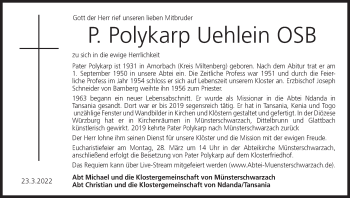 Anzeige von Pater Polykarp Uehlein von MGO
