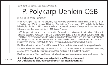Anzeige von Pater Polykarp Uehlein von MGO
