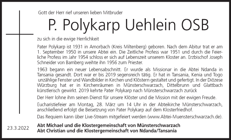  Traueranzeige für Pater Polykarp Uehlein vom 25.03.2022 aus MGO