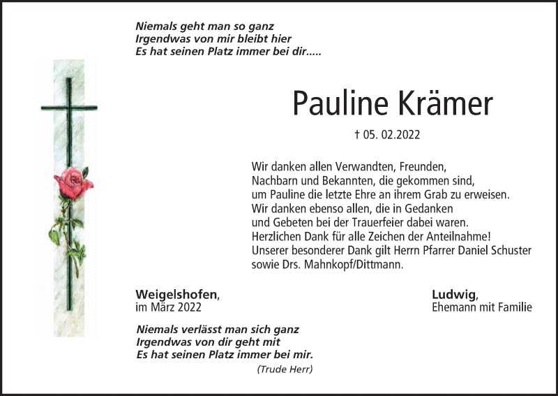  Traueranzeige für Pauline Krämer vom 05.03.2022 aus MGO