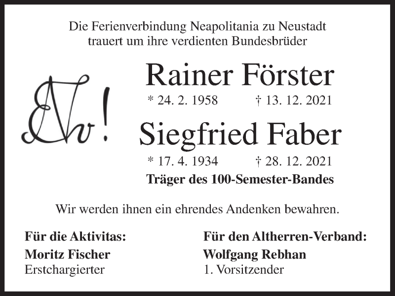  Traueranzeige für Rainer Förster vom 12.03.2022 aus MGO