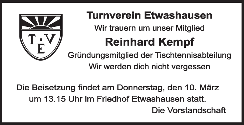  Traueranzeige für Reinhard Kempf vom 09.03.2022 aus MGO