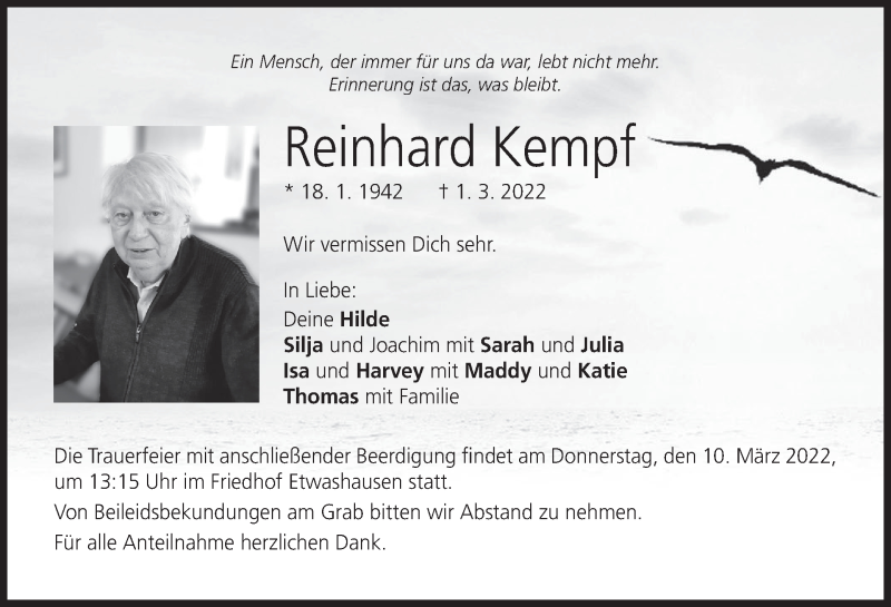  Traueranzeige für Reinhard Kempf vom 05.03.2022 aus MGO