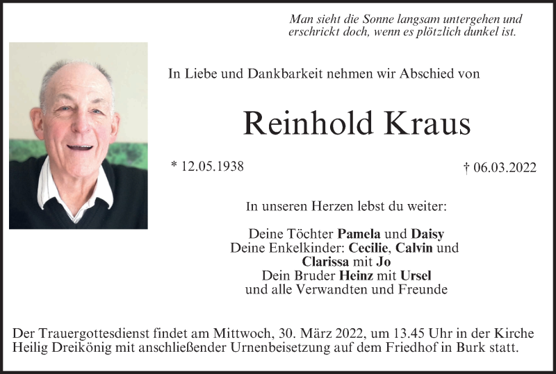  Traueranzeige für Reinhold Kraus vom 26.03.2022 aus MGO