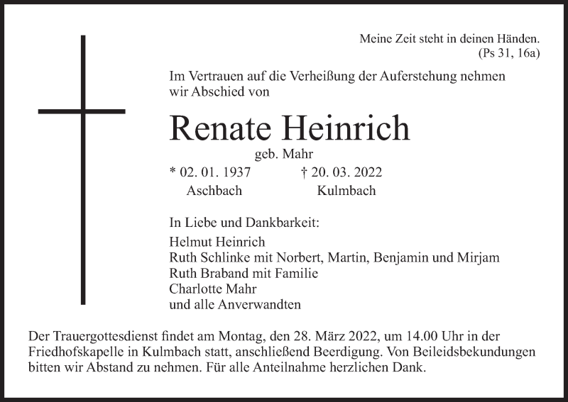  Traueranzeige für Renate Heinrich vom 23.03.2022 aus MGO