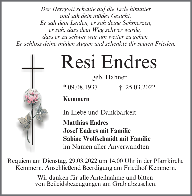  Traueranzeige für Resi Endres vom 26.03.2022 aus MGO