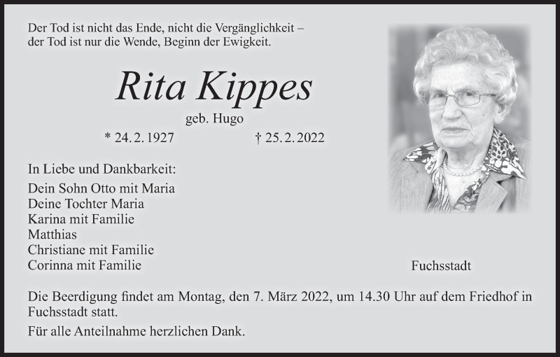  Traueranzeige für Rita Kippes vom 03.03.2022 aus MGO