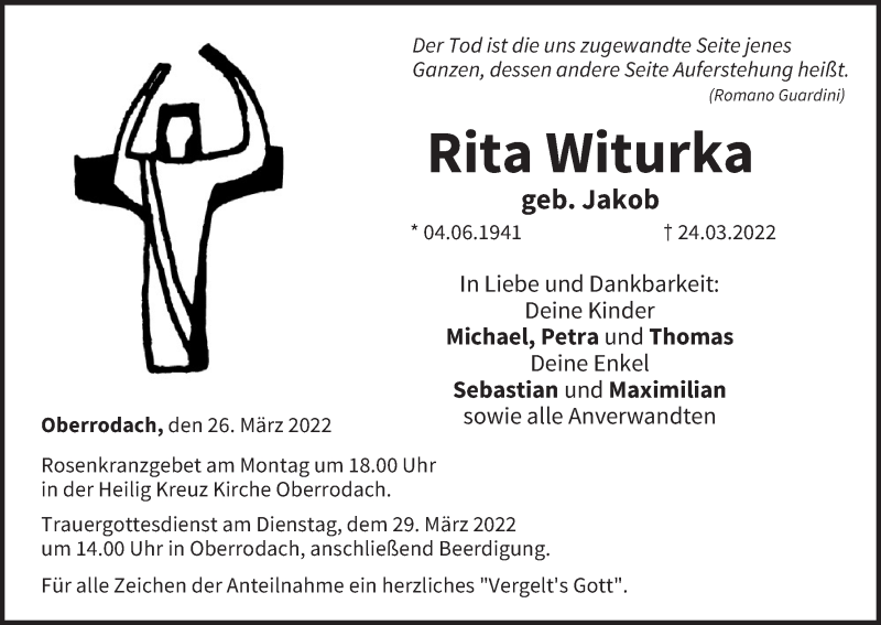  Traueranzeige für Rita Witurka vom 26.03.2022 aus MGO