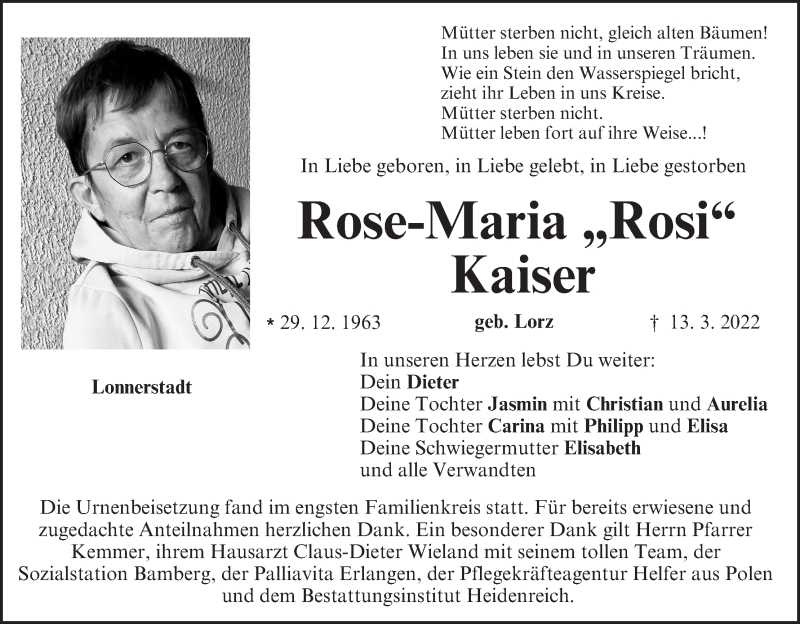  Traueranzeige für Rose-Maria Kaiser vom 19.03.2022 aus MGO