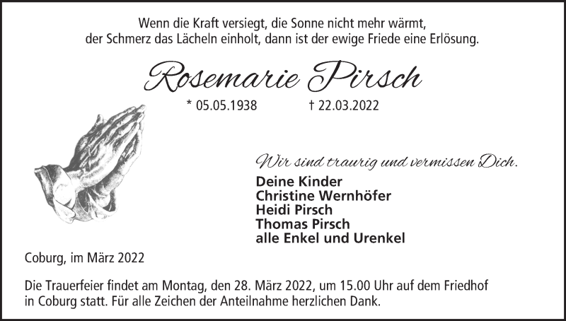  Traueranzeige für Rosemarie Pirsch vom 26.03.2022 aus MGO