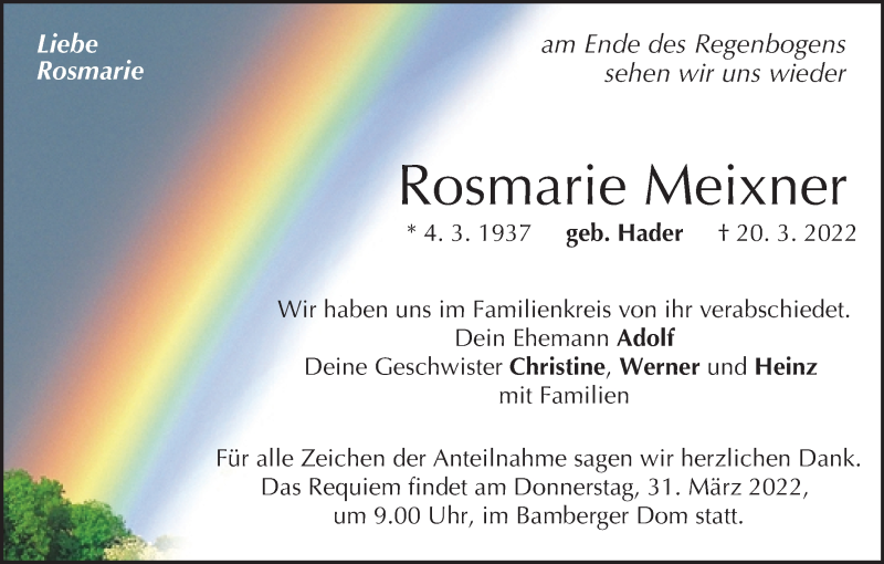  Traueranzeige für Rosmarie Meixner vom 29.03.2022 aus MGO