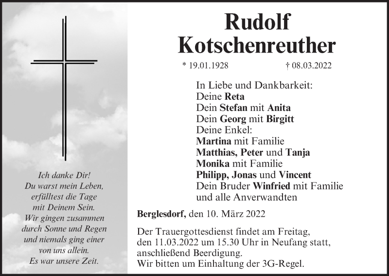  Traueranzeige für Rudolf Kotschenreuther vom 10.03.2022 aus MGO