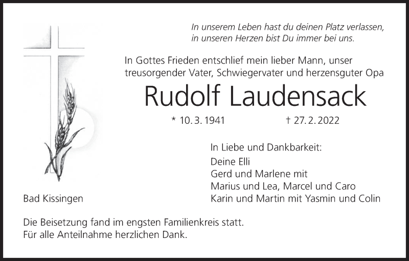  Traueranzeige für Rudolf Laudensack vom 12.03.2022 aus MGO