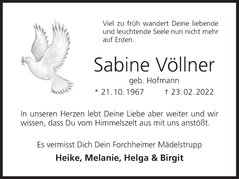  Traueranzeige für Sabine Völlner vom 15.03.2022 aus MGO