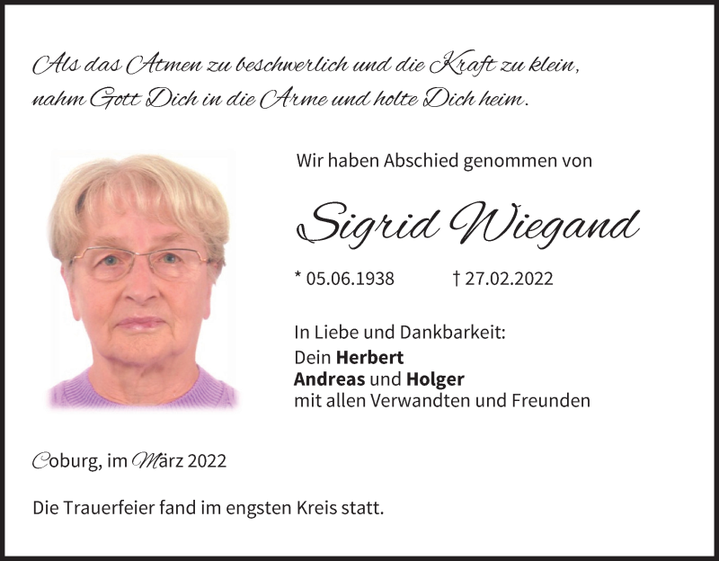  Traueranzeige für Sigrid Wiegand vom 10.03.2022 aus MGO