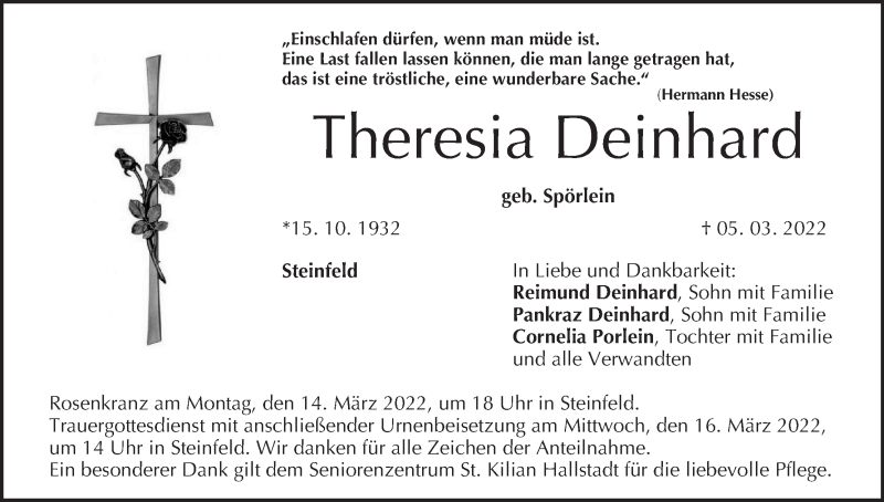  Traueranzeige für Theresia Deinhard vom 12.03.2022 aus MGO