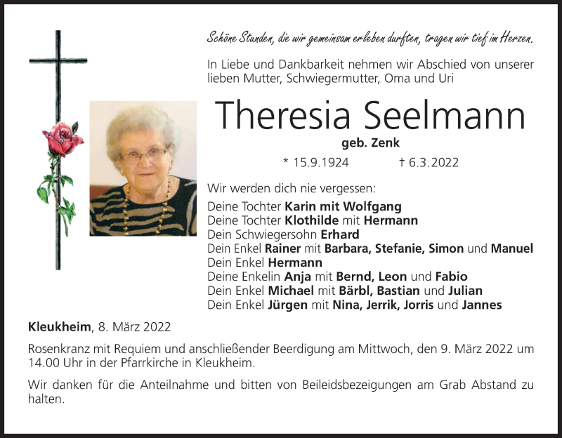  Traueranzeige für Theresia Seelmann vom 08.03.2022 aus MGO