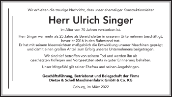 Anzeige von Ulrich Singer von MGO