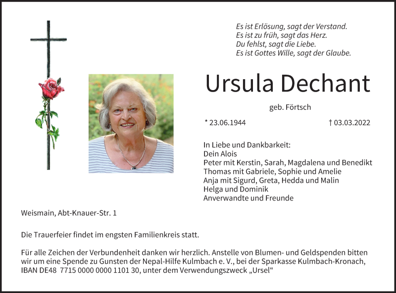  Traueranzeige für Ursula Dechant vom 05.03.2022 aus MGO