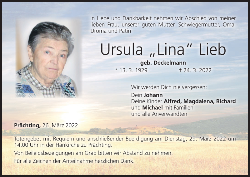  Traueranzeige für Ursula Lieb vom 26.03.2022 aus MGO