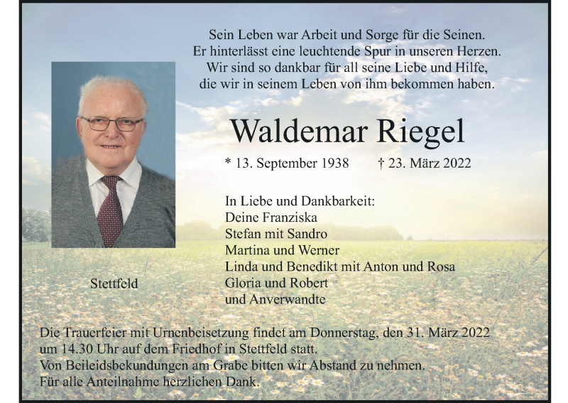  Traueranzeige für Waldemar Riegel vom 26.03.2022 aus MGO