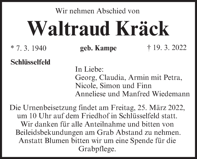  Traueranzeige für Waltraud Kräck vom 23.03.2022 aus MGO