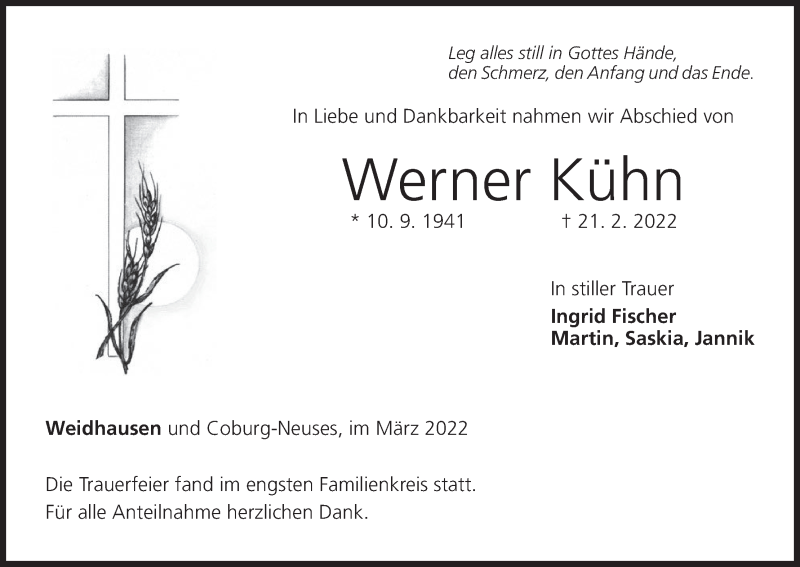  Traueranzeige für Werner Kühn vom 02.03.2022 aus MGO