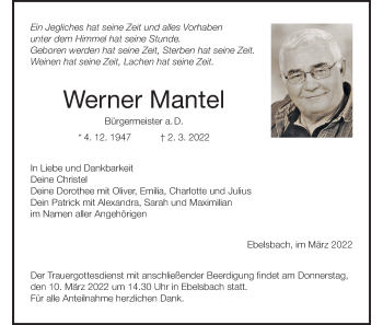 Anzeige von Werner Mantel von MGO