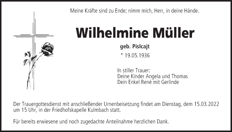  Traueranzeige für Wilhelmine Müller vom 12.03.2022 aus MGO