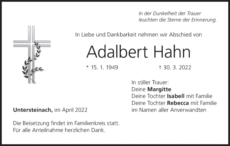 Traueranzeige für Adalbert Hahn vom 02.04.2022 aus MGO