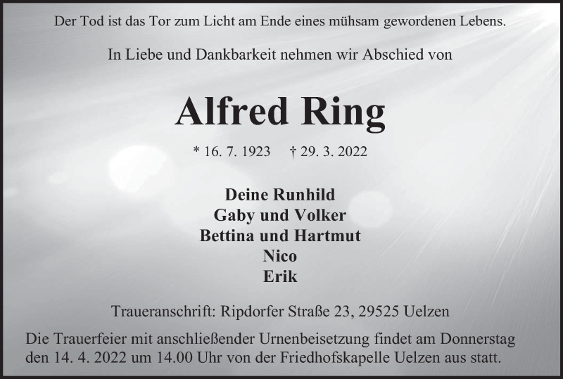  Traueranzeige für Alfred Ring vom 02.04.2022 aus MGO