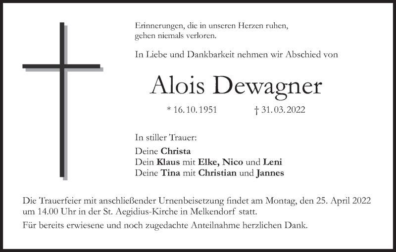  Traueranzeige für Alois Dewagner vom 21.04.2022 aus MGO