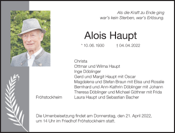 Anzeige von Alois Haupt von MGO