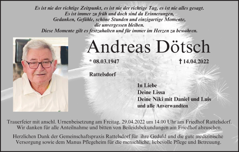  Traueranzeige für Andreas Dötsch vom 23.04.2022 aus MGO