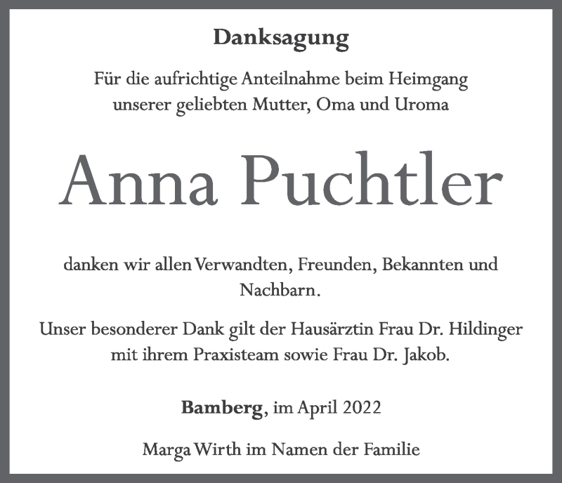  Traueranzeige für Anna Puchtler vom 02.04.2022 aus MGO