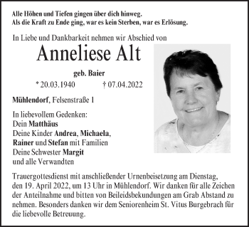 Anzeige von Anneliese Alt von MGO