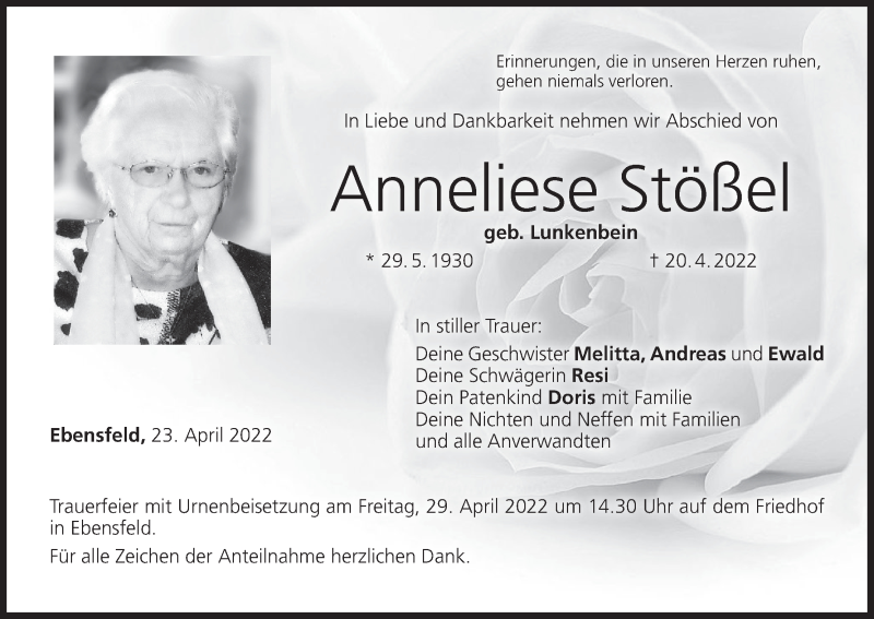  Traueranzeige für Anneliese Stößel vom 23.04.2022 aus MGO