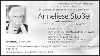 Anzeige von Anneliese Stößel von MGO